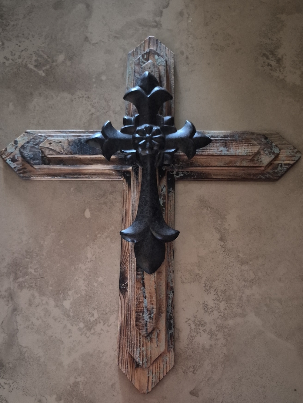 Neiman Marcus Distressed Wood Cross with Black Metal Fleur